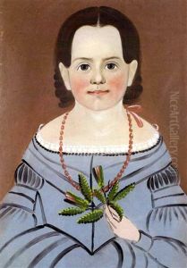 Girl In Blue Dress With Coral Beaded Necklace, Holding Floral Sprig by George G. Hartwell