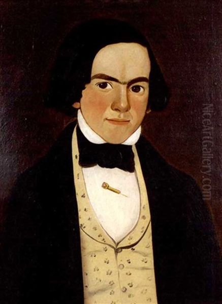 Young Man In Ivory Embroidered Vest, White Shirt With Stickpin And Black Bowtie - view 1