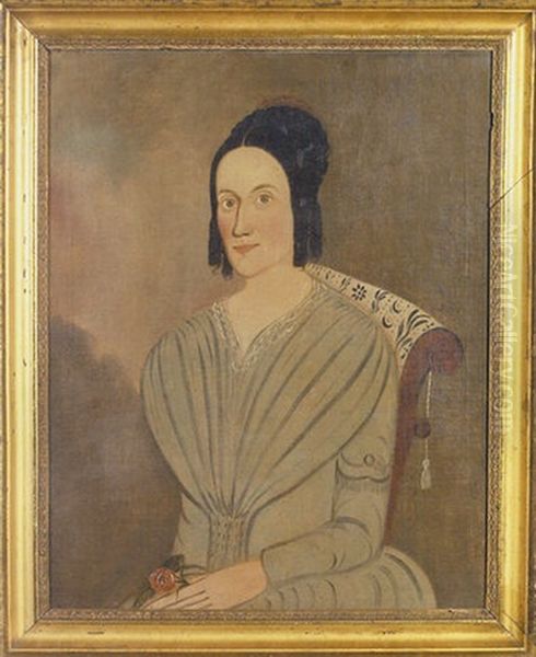 Folk Portrait Of Young Woman Holding Rose Seated In Scrollback Chair With Patterned Upholstery - view 1