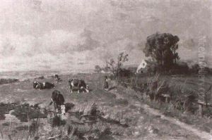 Magd Mit Kuhen An Der Tranke An Einem Teich Vor Dem Gehoft by Emil Hermann Hartwich
