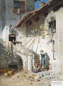 Sudtiroler Bauerin Und Tochter Im Sonnigen Hof Des Bauernhauses by Hermann Hartwich