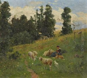 Fruhlingslandschaft Mit Junger Schafhirtin