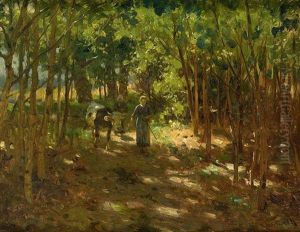 Hutermadchen Mit Kuh Auf Lichtdurchflutetem Waldweg Mit Durchblick Auf Weizenfeld