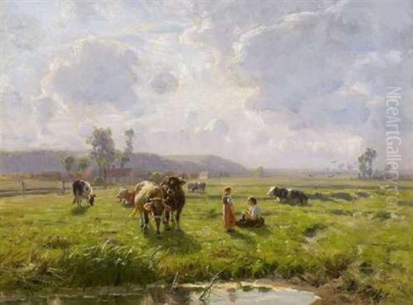 Hirtin Mit Einem Kleinen Madchen Und Rindern Auf Der Weide - view 1