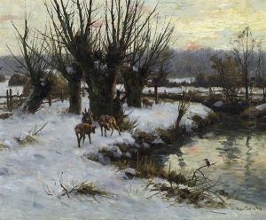 Winterlandschaft Mit Rotwild Am Bachlauf