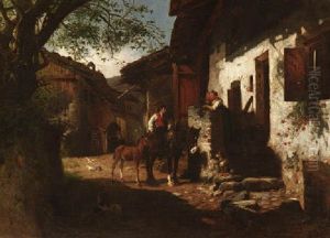 Heimkehr Vom Felde - Bauer Mit Spannpferd Vor Einem Alpenlandischen Bauernhaus by Hermann Hartwich