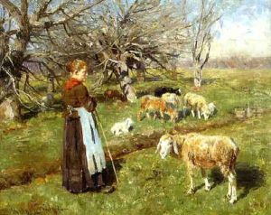 Wiesenlandschaft Mit Schafherde Und Hirtin by Hermann Hartwich