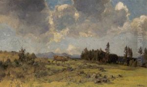Rohrender Hirsch Auf Einer Wiese In Voralpenlandschaft by Max Hartwig