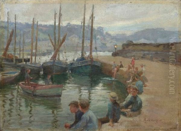 Boys On The Harbour Wall, Penzance - view 1