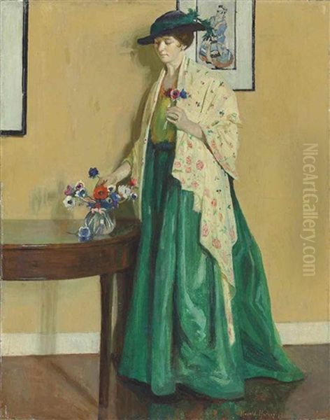 Lady In An Interior Arranging Flowers - view 1