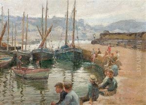"boys On The Harbour Wall In Penzance" by Harold Harvey