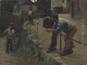 Figures On A Quay, Mousehole by Harold Harvey