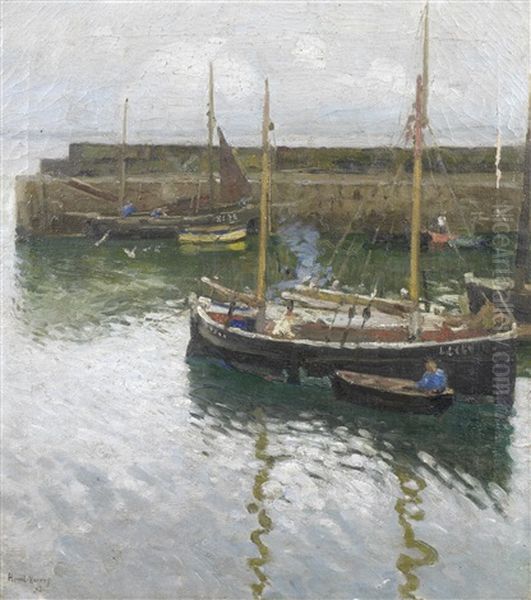 Boats At Newlyn Harbour by Harold Harvey