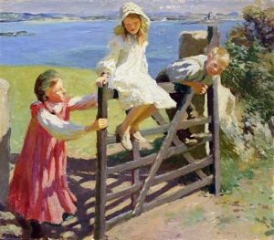 Children Swinging On A Gate by Harold Harvey