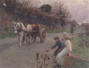 Travellers Resting With A Horse And Cart Passing By by Harold Harvey