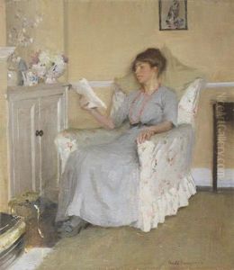 Portrait Of The Artist's Wife Gertrude Reading by Harold Harvey