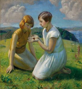 Two Young Girls With A Butterfly by Harold Harvey