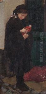 Portrait Of A Girl Holding A Doll by Harold Harvey