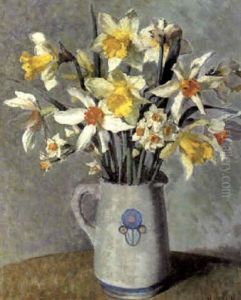 Still Life Of Daffodils And Narcissi In A White Jug by Harold Harvey