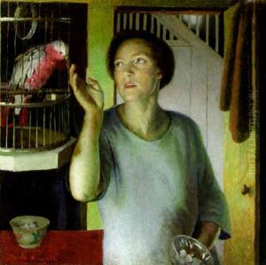 Gertrude Harvey With A Parrot In The Artist's House by Harold Harvey