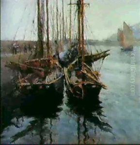 Fishing Boats In Newlyn Harbour by Harold Harvey