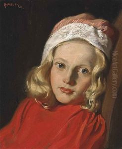 Portrait Of A Young Girl In A Red Jumper And A Pink And White Hat
