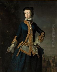 Portrait Of A Lady In A Blue Coat And Skirt, And White Waistcoat, With Gold Embroidered Trim, A Whip In Her Right Hanf, In A Landscape