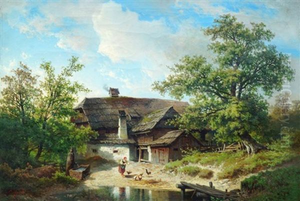 Woman Feeding Chickens By A Pond With A Cottage And Woodland - view 1