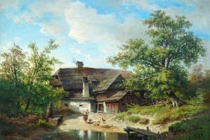 Woman Feeding Chickens By A Pond With A Cottage And Woodland