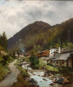 Blick Auf Malerisches Bergdorf Mit Wildbach by Carl Hasch