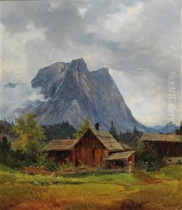 Farm Buildings, The Saarstein Near Aussee In The Background by Carl Hasch