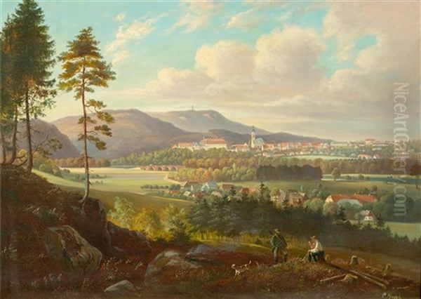 Woodsman Resting, With A View Of A Town In The Background (probably Baden Bei Wien) - view 1