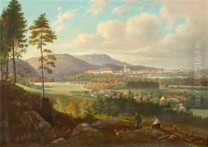 Woodsman Resting, With A View Of A Town In The Background (probably Baden Bei Wien) by Carl Hasch