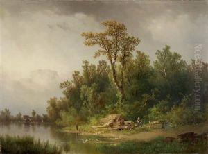 Flusslandschaft Mit Einer Holzfallerin