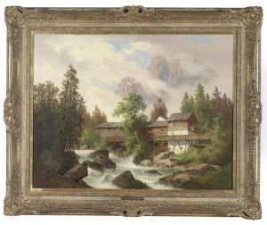 Landschaft Mit Wildbach Und Sagemuhle, Figural Staffiert, Im Hintergrund Ein Felsmassiv