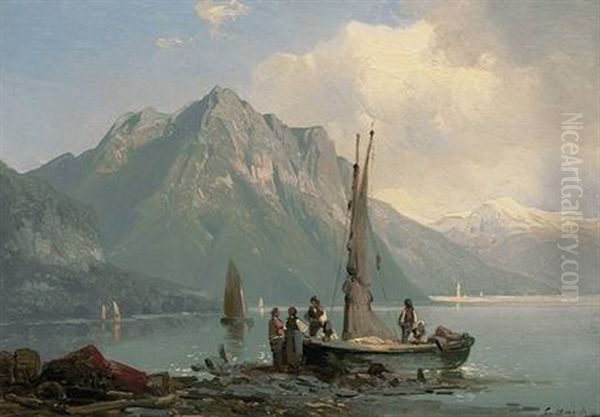 Seenlandschaft In Den Alpen Mit Angelegtem Boot - view 1