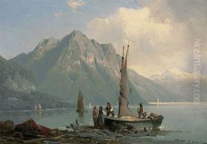 Seenlandschaft In Den Alpen Mit Angelegtem Boot