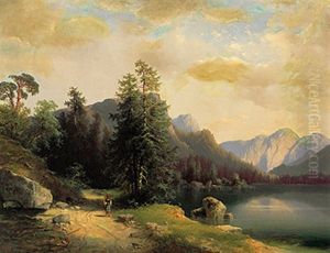 Osterreichische Alpenlandschaft Mit Gebirgssee Und Figurenstaffage An Einem Prachtvollen Sommertag