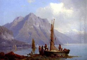 Fischerboot Am Seeufer Mit Blick Auf Schneebedecktes Bergmassiv by Carl Hasch
