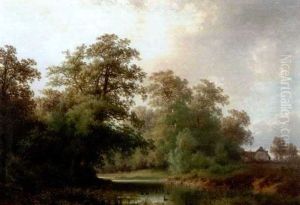Baumreiche Landschaft Mit Weiher Und Enten by Carl Hasch