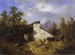 Zomerlandschap Met Wandelaars Bij Een Houtzagerij