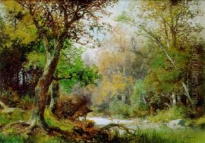 Waldlandschaft Mit Rotwild Am Flussufer by Carl Hasch