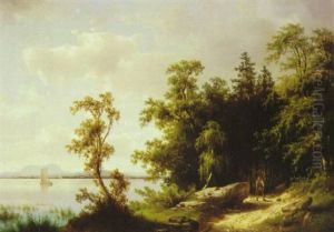 Traveler On A Wooded Path By A Lake by Carl Hasch