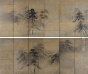 Pine Trees In Moonlight (+ Another; Pair) by Tohaku Hasegawa