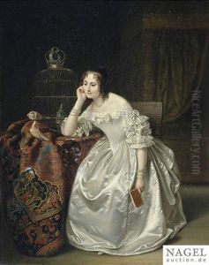 Interior Of A Parlour With An Elegant Lady Watching Turtledoves