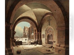 Blick Auf Die Kirchenruine Im Winter by Carl Georg Adolph Hasenpflug