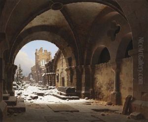 Blick Auf Die Kirchenruine Im Winter by Carl Georg Adolph Hasenpflug