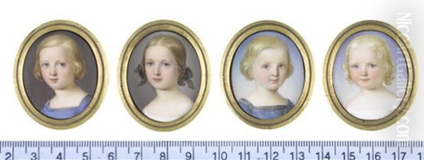 Portrait Miniatures Of Children: The Boys, Wearing Blue Square-necked Dresses...; The Girls, Wearing Plain White Dresses (4 Works) - view 1