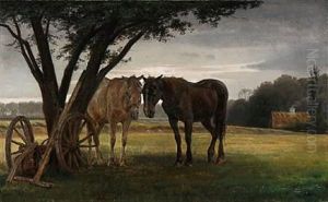 Landscape With Two Horses Under A Tree by Otto Haslund