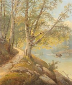 River Landscape With Path And Figures In A Rowboat by Siegfried Hass